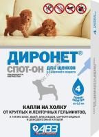 АВЗ ДИРОНЕТ СПОТ-ОН 4 пипетки по 0,5 мл капли для щенков на холку от круглых и ленточных гельмитов блох вшей и клещей 