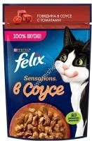 Felix Sensations 75 г пауч влажный  корм в удивительном соусе для кошек, говядина с томатами 