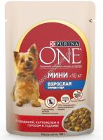 Purina ONE Мини 85 г пауч влажный  корм для активных собак с говядиной картофелем и горохом 