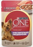 Purina ONE Мини 85 г пауч влажный  корм для собак с чувствительным пищеварением с лососем, рисом и морковью в подливе 