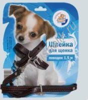 ЗООНИК 1,5 м комплект поводок + шлейка для щенков кожа на подкладке 12 мм на блистере