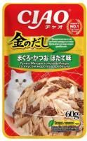 INABA Ciao Kinnodashi 60 г пауч для кошек тунец магуро и тунец кацуо со вкусом морского гребешка в желе