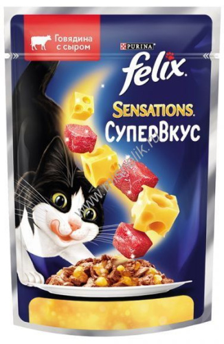 Felix Sensations 75 г влажный  корм для взрослых кошек супер вкус, говядина, сыр 