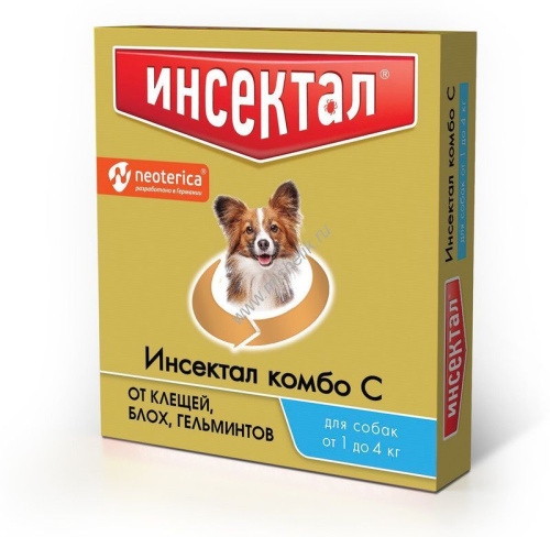 ИНСЕКТАЛ КОМБО С 1 пипетка 1-4 кг капли от клещей, блох и гельминтов для собак 