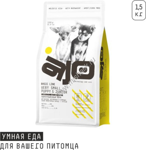 AJO Dog Very Small Puppy & Junior 1,5 кг сухой полнорационный корм для щенков миниатюрных пород  индейка с гречкой 