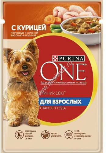 Purina ONE Мини 85 г пауч влажный  корм для активных собак с курицей, морковью и зеленой фасолью в подливе 