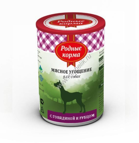 РОДНЫЕ КОРМА 340 г мясное угощение консервы с говядиной и рубцом для собак 