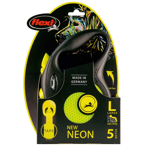 flexi рулетка New Neon L (до 50 кг) лента 5 м, светоотражающая, желтый неон