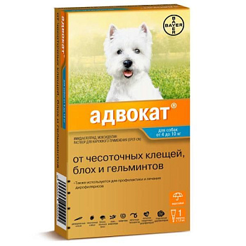 Bayer Адвокат 100 капли для собак 4-10 кг от чесоточных клещей, блох и гельминтов (1 пипетка х 1 мл) Bayer Адвокат 100 капли для собак 4-10 кг от чесоточных клещей, блох и гельминтов (1 пипетка х 1 мл)