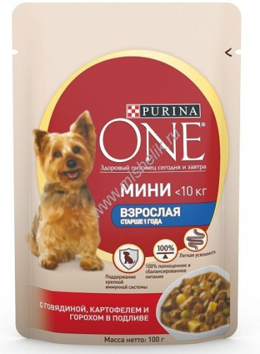 Purina ONE Мини 85 г пауч влажный  корм для активных собак с говядиной картофелем и горохом 