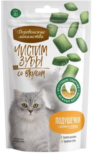 ДЕРЕВЕНСКИЕ ЛАКОМСТВА Чистим зубы 30 г подушечки для кошек с кремом из курицы 