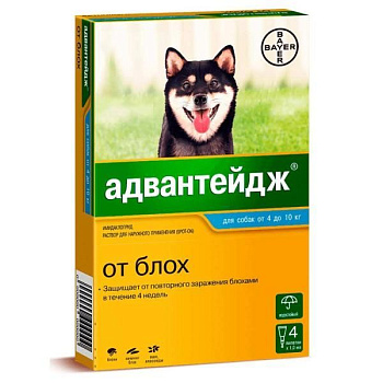 Bayer Адвантейдж 100 капли для собак 4-10 кг от блох (4 пипетки х 1 мл) Bayer Адвантейдж 100 капли для собак 4-10 кг от блох (4 пипетки х 1 мл)