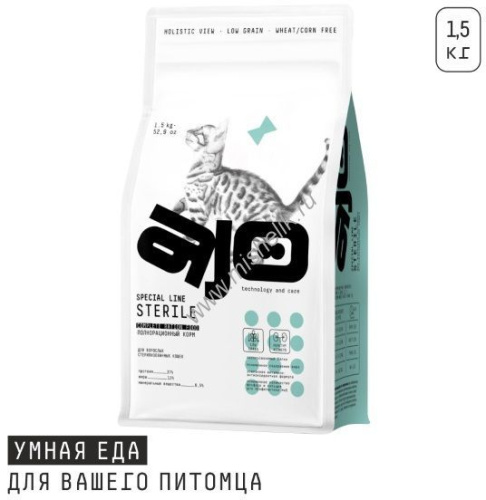 AJO Cat Sterile 1,5 кг сухой полнорационный корм для активных стерилизованных кошек с высоким содержанием белка с индейкой и уткой 