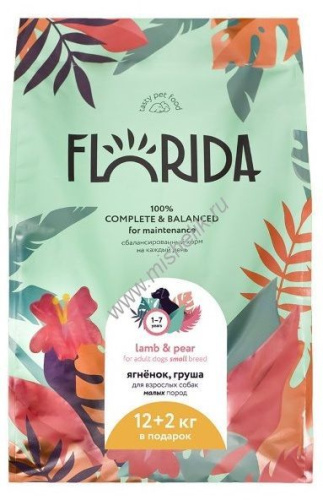 FLORIDA 14 кг сухой корм для взрослых собак малых пород с ягнёнком и грушей 12+2