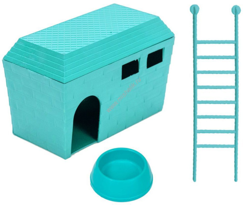 HOMEPET 15 см х 8,5 см х 10 см домик для грызунов в комплекте миска и лесенка пластиковый бирюзовый 
