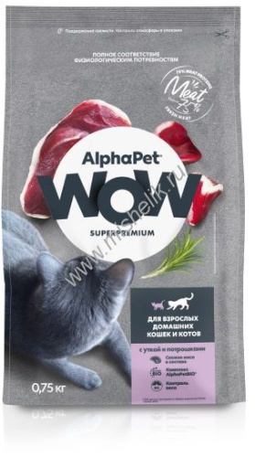 ALPHAPET WOW SUPERPREMIUM 750 гр сухой корм для взрослых домашних кошек и котов с уткой и потрошками
