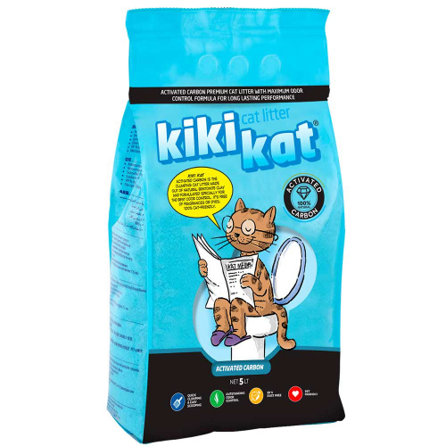 Бентонитовый наполнитель для кошачьего туалета "KikiKat" супер-белый комкующийся "Активированный уголь" 5 л.