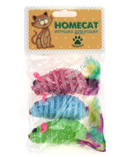 HOMECAT 3 шт 7 см игрушка для кошек мышки полосатые с пером гремящие