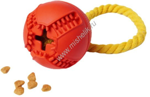 HOMEPET SILVER SERIES Ф 7,6 см х 8,2 см игрушка для собак мяч с канатом с отверстием для лакомств красный каучук