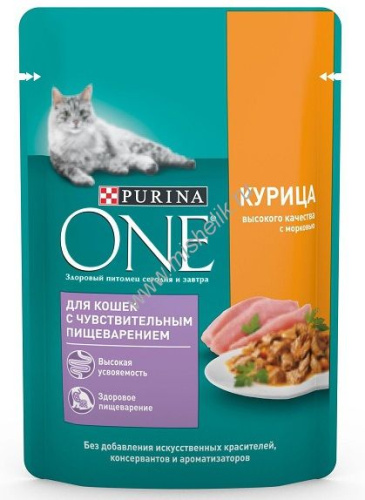 Purina ONE 75 г пауч влажный корм для кошек с чувствительным пищеварением, с курицей и морковью 