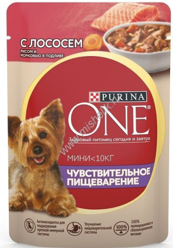 Purina ONE Мини 85 г пауч влажный  корм для собак с чувствительным пищеварением с лососем, рисом и морковью в подливе 
