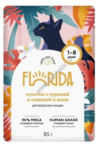 FLORIDA 85 г пауч консервы для взрослых кошек кусочки с курицей и клюквой в желе 