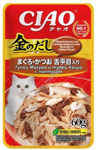 INABA Ciao Kinnodashi 60 г пауч для кошек тунец магуро и тунец кацуо с палтусом в желе