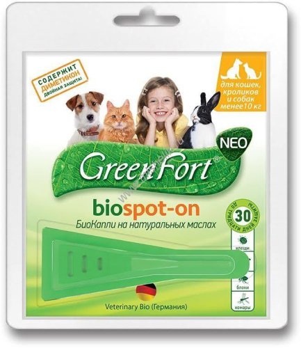 GREEN FORT NEO 1 мл до 10 кг биокапли от блох и клещей для кошек, кроликов и собак 