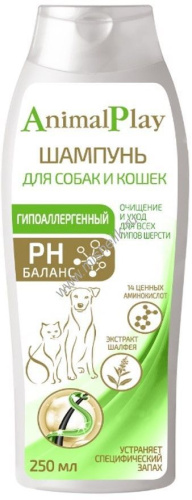ANIMAL PLAY Гипоаллергенный 250 мл шампунь для собак и кошек с аминокислотами и экстрактом шалфея 