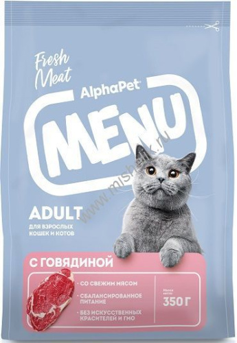 ALPHAPET MENU 350 гр сухой корм для взрослых кошек и котов с говядиной