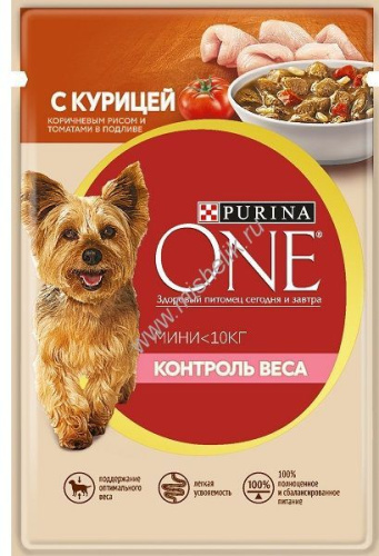 Purina ONE Мини 85 г пауч влажный  корм контроль веса для собак с курицей, рисом и томатами 