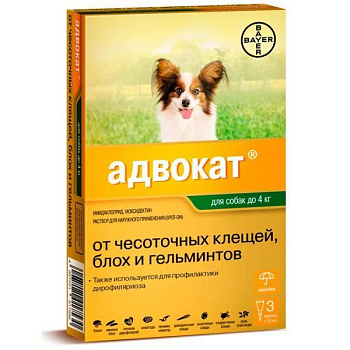 Bayer Адвокат капли для собак до 4 кг от чесоточных клещей, блох и гельминтов (3 пипетки х 0,4 мл) Bayer Адвокат капли для собак до 4 кг от чесоточных клещей, блох и гельминтов (3 пипетки х 0,4 мл)