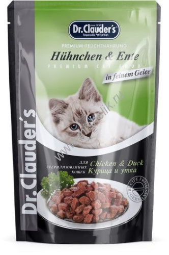 Dr.Clauder`s 85 г пауч для стерилизованных кошек с курицей и уткой кусочки в желе 