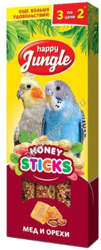 HAPPY JUNGLE 3 шт палочки для птиц мед+орехи 1x22