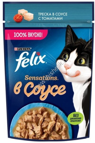 Felix Sensations 75 г пауч влажный  корм в удивительном соусе для кошек, треска с томатами 
