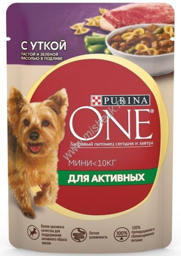 Purina ONE Мини 85 г пауч влажный  корм для активных собак с уткой, пастой и зеленой фасолью в подливе 