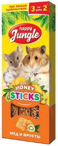 HAPPY JUNGLE 3 шт палочки для мелких грызунов мед+фрукты 1x22