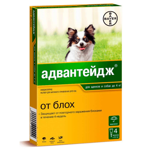 Адвантейдж 40 капли для собак до 4 кг от блох (4 пипетки х 0,4 мл)