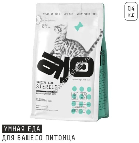 AJO Cat Sterile 400 г сухой полнорационный корм для активных стерилизованных кошек с высоким содержанием белка с индейкой и уткой 