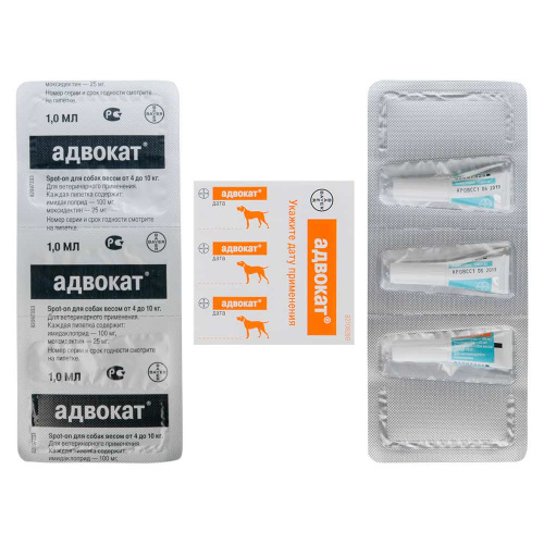 Bayer Адвокат 100 капли для собак 4-10 кг от чесоточных клещей, блох и гельминтов (3 пипетки х 1 мл)