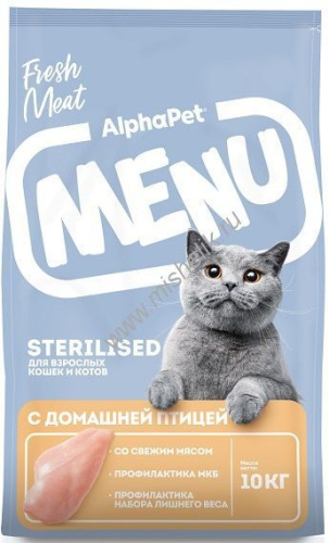 ALPHAPET MENU 10 кг сухой корм для взрослых стерилизованных кошек и котов с домашней птицей