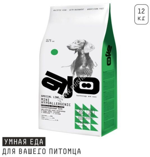AJO Dog Mini Hypoallergenic 12 кг сухой полнорационный корм с гречкой для профилактики проявлений аллергии и нормализации пищеварения для взрослых собак миниатюрных и малых пород с индейкой
