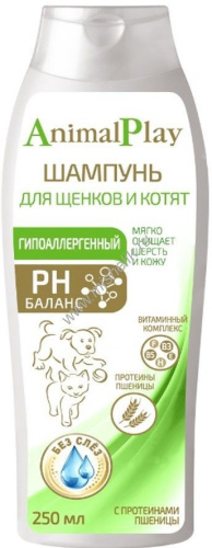 ANIMAL PLAY Гипоаллергенный 250 мл шампунь для щенков и котят с протеинами пшеницы и витаминами 