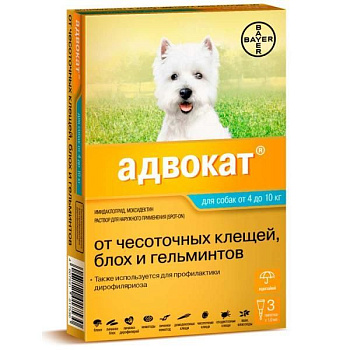 Bayer Адвокат 100 капли для собак 4-10 кг от чесоточных клещей, блох и гельминтов (3 пипетки х 1 мл) Bayer Адвокат 100 капли для собак 4-10 кг от чесоточных клещей, блох и гельминтов (3 пипетки х 1 мл)