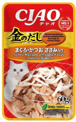 INABA Ciao Kinnodashi 60 г пауч для кошек тунец магуро и тунец кацуо с куриным филе в желе