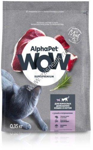 ALPHAPET WOW SUPERPREMIUM 350 гр сухой корм для взрослых домашних кошек и котов с уткой и потрошками