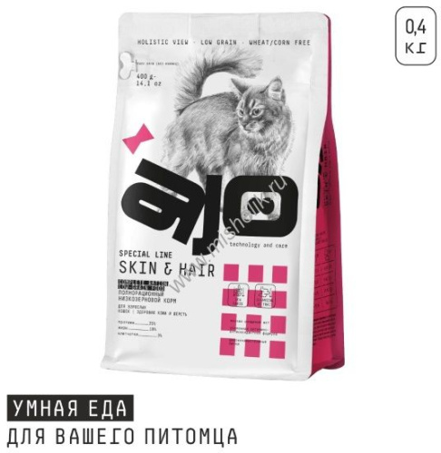 AJO Cat Skin & Hair 400 г сухой полнорационный корм для длинношерстных кошек здоровая кожа и красивая шерсть с лососем и индейкой 
