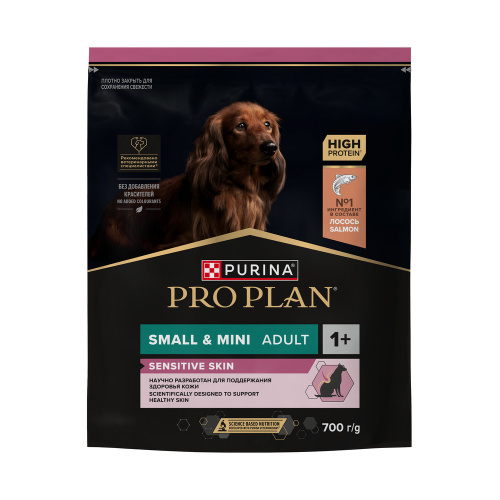 PRO PLAN 700 г сухой корм для взрослых собак мелких и карликовых пород с чувствительной кожей, с высоким содержанием лосося 